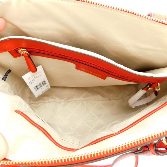 New MICHAEL KORS MK Logo Red Leather Satchel Tote Shoulder Strap Large Bag - Picture 7 of 11